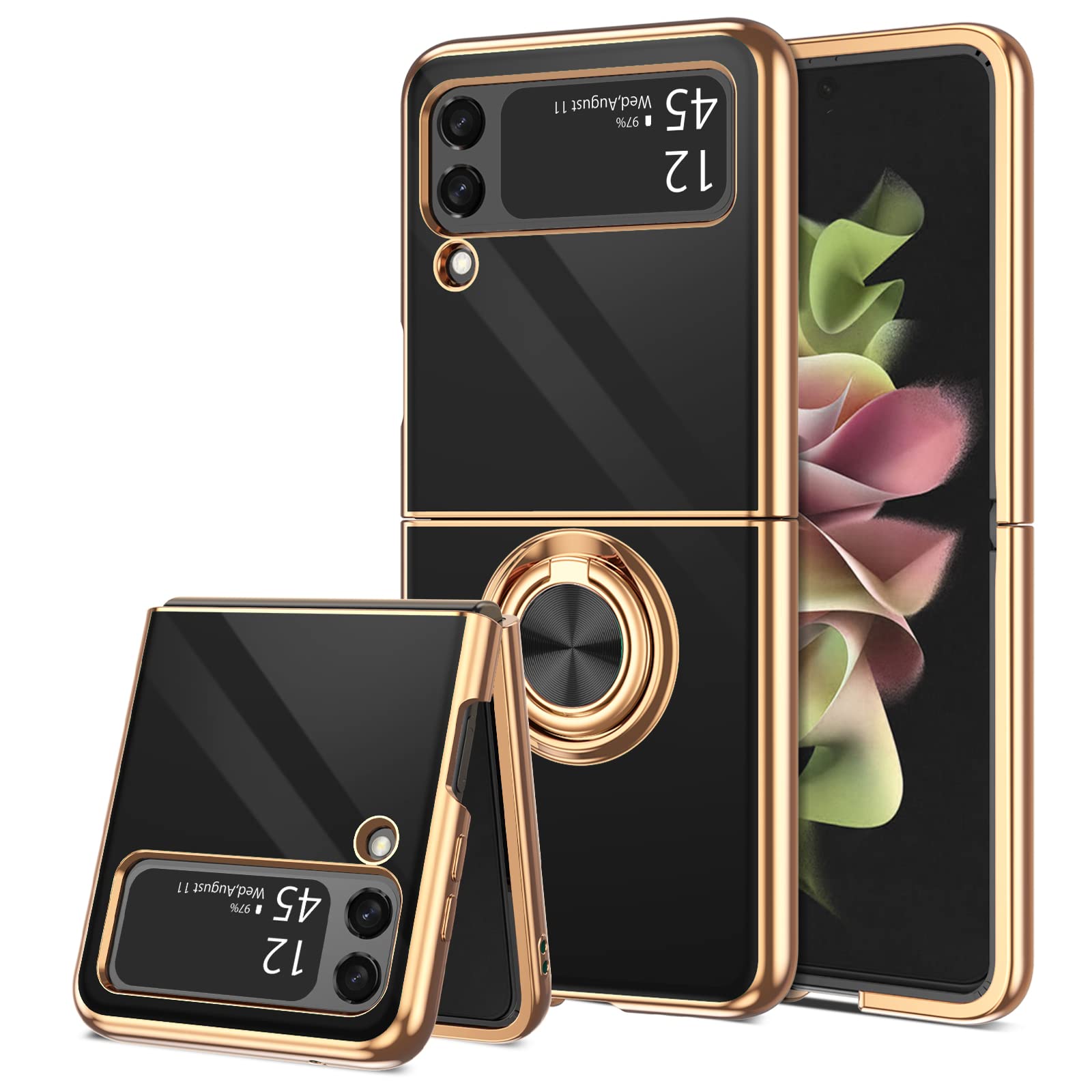 BENTOBEN for Samsung Galaxy Z Flip 3 5G Case with Ring, Phone case for Galaxy Z Flip 3, Holder Edge Plating Rotation Stand Soft Silicone Slim Flexible Shockproof Protective Cover for Z Flip 3, Black