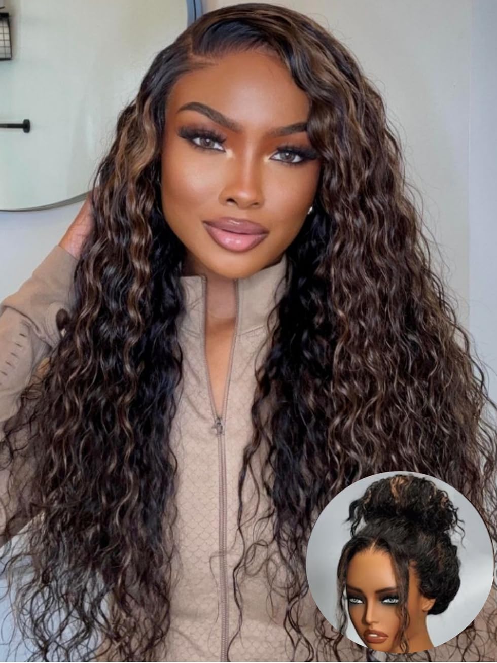 UNICE Bye Bye Knots Glueless Wig Pre Plucked Pre Cut Water Wave 7x5 Lace Front Wigs Human Hair Wet and Wavy Put on and Go Glueless Human Hair Wig 150% Density 24 inch: 24 Inch Golden Brown Highlight | 7x5 Lace Pre Plucked | Water Wave