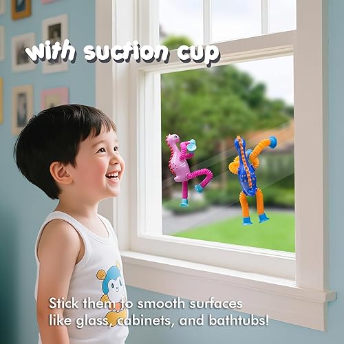 Miniatura 6 de DoDoMagxanadu Tubos Pop Fidget Juguetes para niños, juguetes de animales, paquete de 4 juguetes telescópicos con ventosa para edades de 3, 4, 5, 6,
