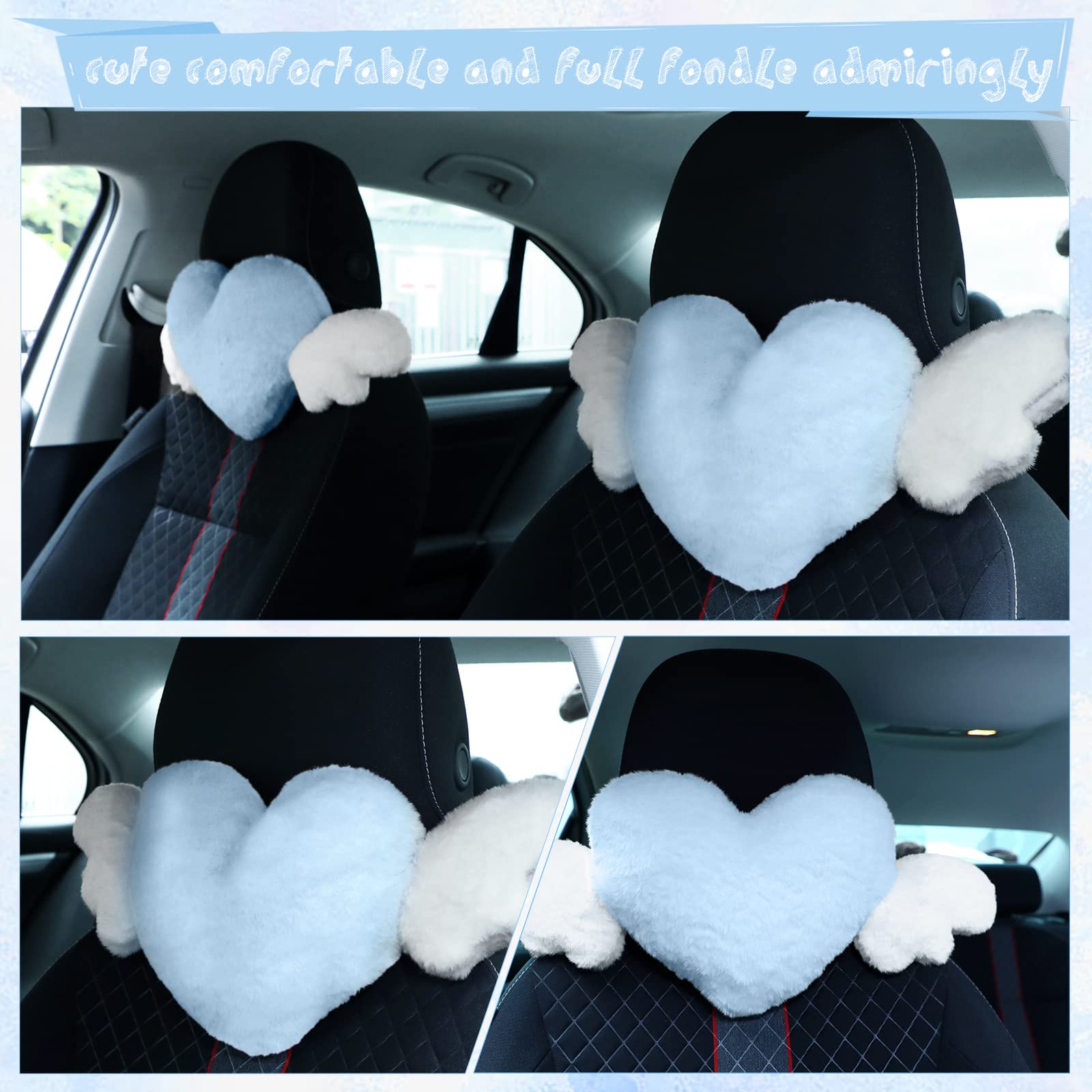 2 almohadas de felpa en forma de corazón con alas de ángel, reposacabezas de automóvil, almohada suave y cómoda para asiento de automóvil para conducir, sala de viaje, oficina, decoración de 5