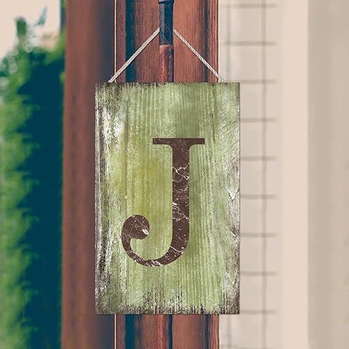 Vista 175 de Letrero colgante de madera con letra J, letrero de madera para decoración del hogar, 26 letras del alfabeto de metal, placa de madera, decoración