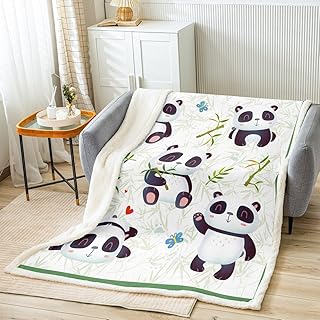 Panda Bamboo Bed Blanket Kids Girls Kawaii Panda Sherpa Blanket Soft Cozy Lightweight Green Black White Plush Fleece Butterfly Blanket Gifts for Bed Chair Office Sofa(Throw 50