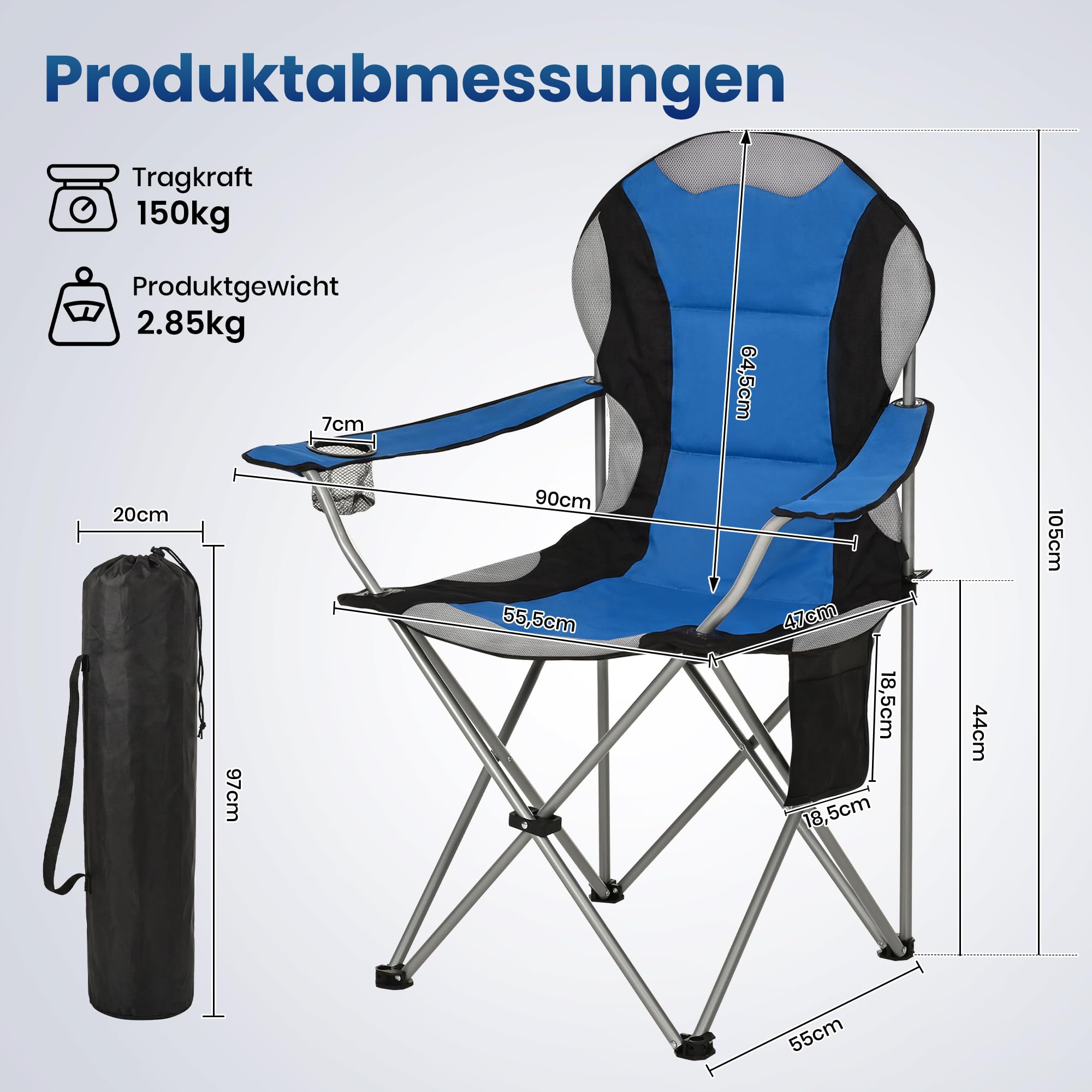 ROPODA Campingstuhl Faltbar, Klappstuhl Camping 150kg mit Hoher Rückenlehne, Armlehnen, Getränkehalter & Seitentasche, Gepolsterter Camping Stuhl für Outdoor, Garten, Angeln, Strand, Blau