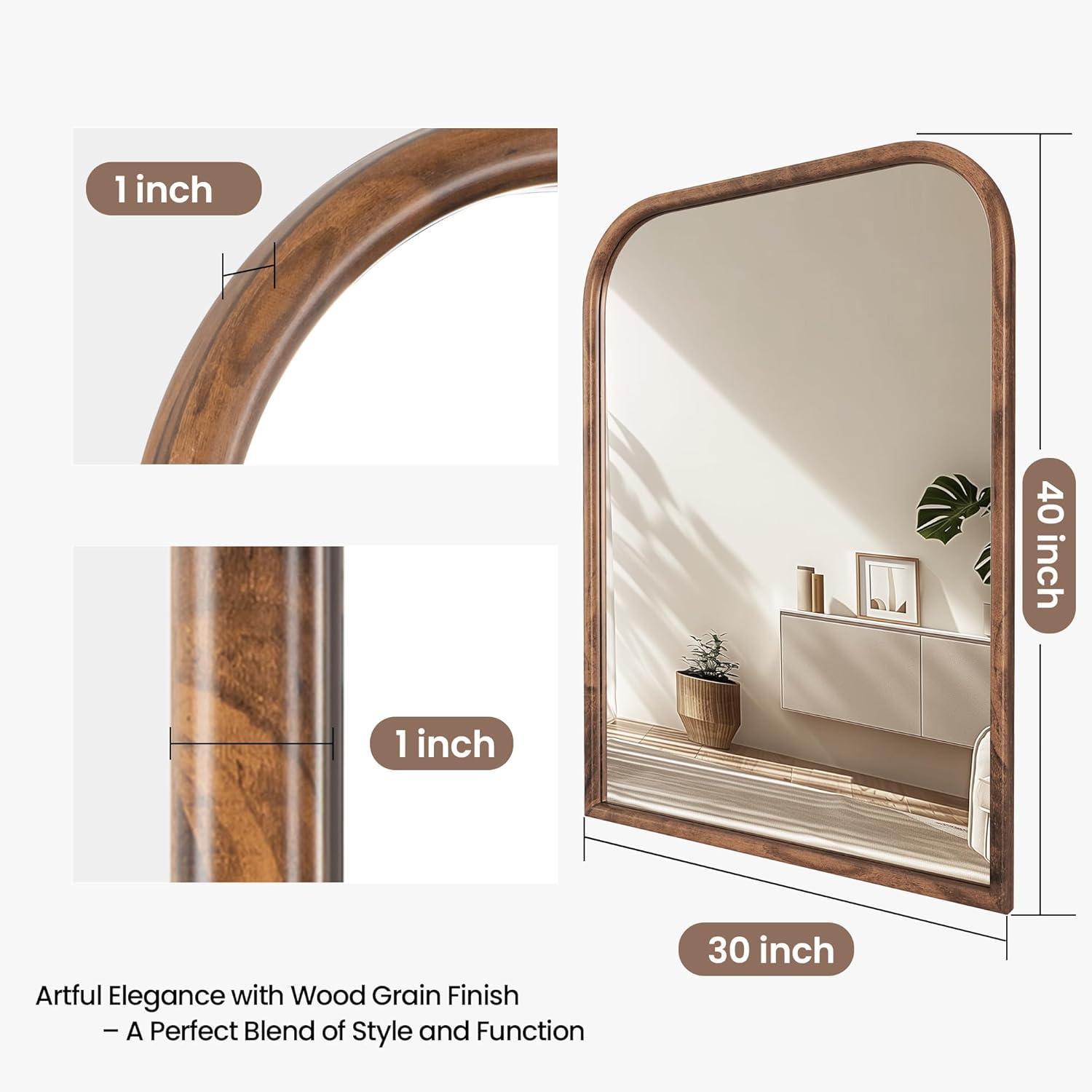 30x40 Arch Wall Mirror Bathroom Mirror for Wall Mounted, Tempered Glass, Wood Grain Finish Frame Wall Mirror Decorative for Bedroom Living Room Entryway