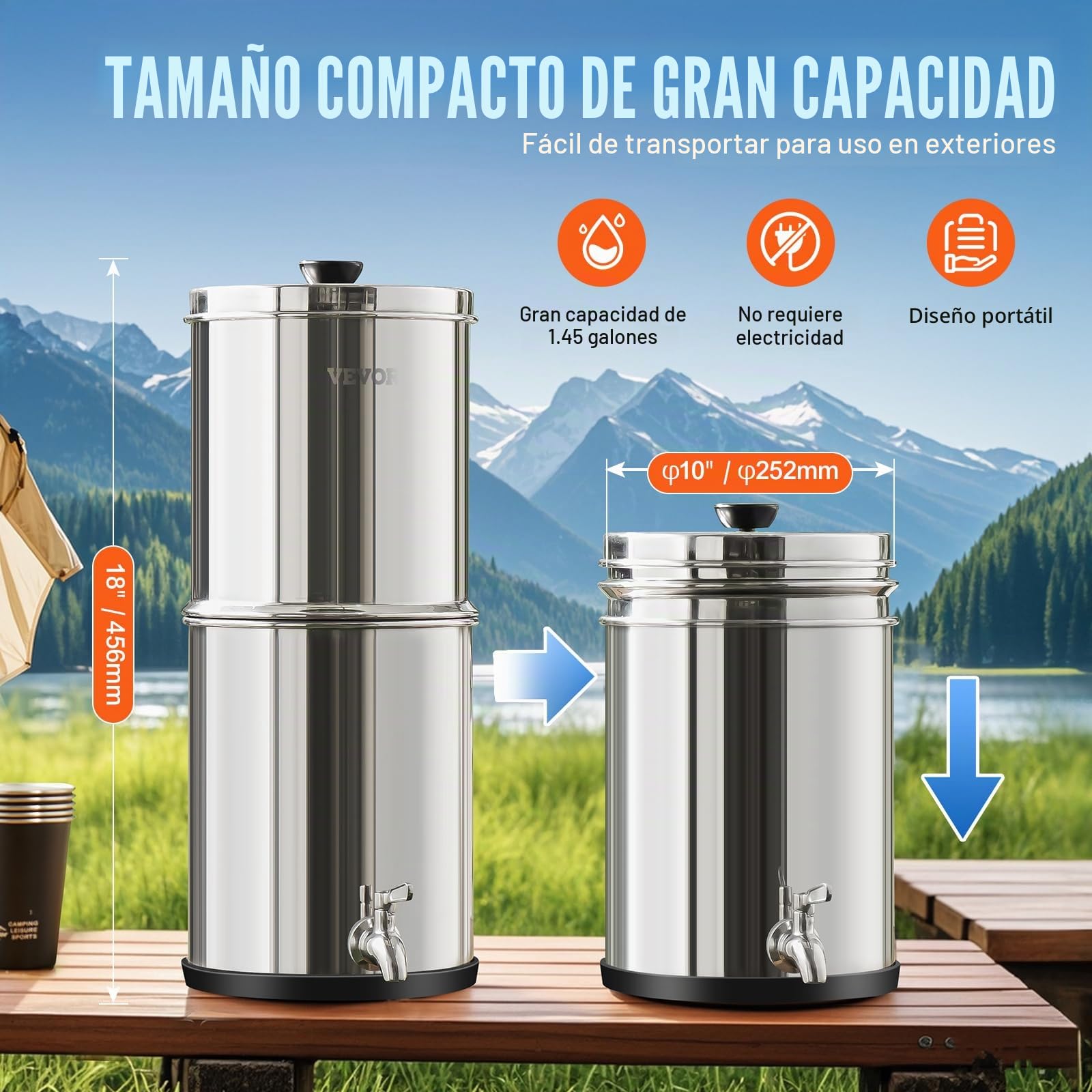 VEVOR Sistema de Filtración de Agua por Gravedad 5,5 L Filtro de Agua por Gravedad para Encimera Acero Inoxidable 304 Reduce Plomo y hasta 99% de Cloro con 2 Filtros de Carbón y Grifo para Hogar