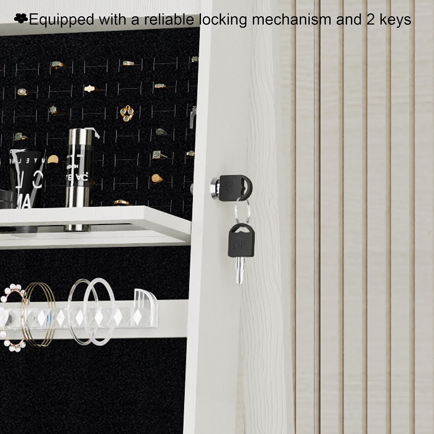 Lockable Mirror Jewelry Cabinet Standing, Full Length Mirror with Storage, 360° Swivel Jewelry Organizer Armoire, White