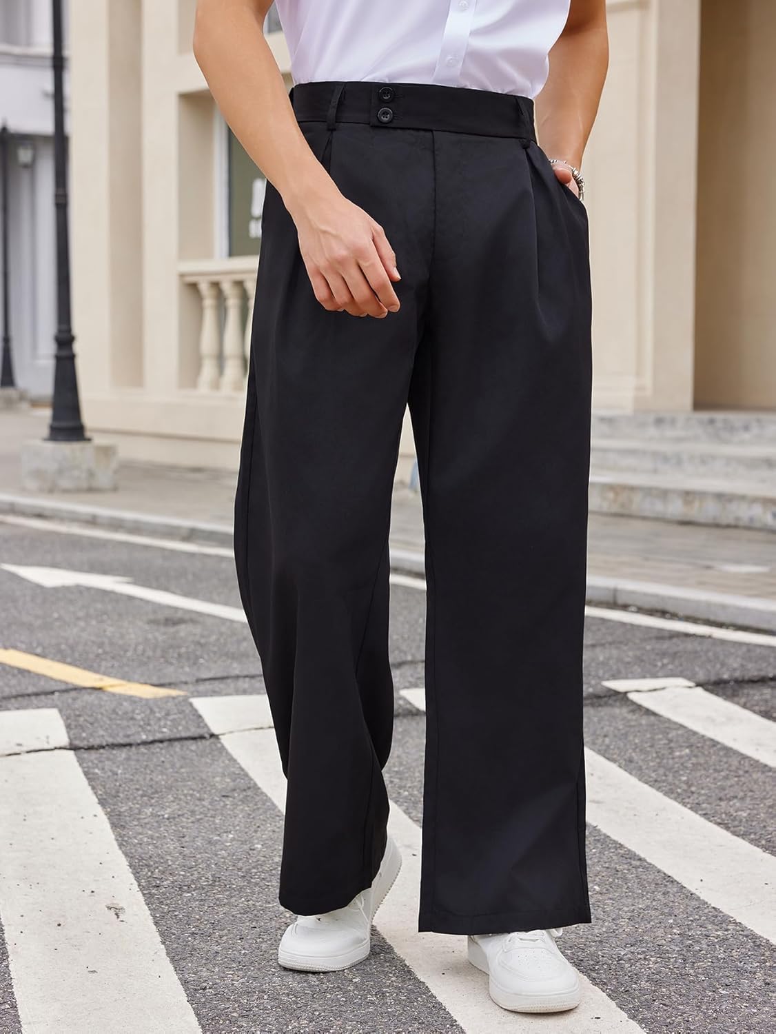 OYOANGLE Men's Pleated High Waist Wide Leg Pants Loose Fit Casual Pants with Pocket - Image 3