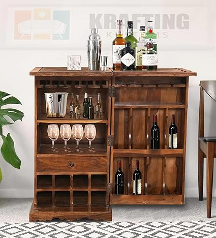 Woodenio? Home Bar Furniture Solid Sheesham Wood Bar Cabinet with Storage || Bar Units for Home || Bar Cabinet for Living Room || Wine Rack with Drawer || Bar Cabinet,Natural Brown