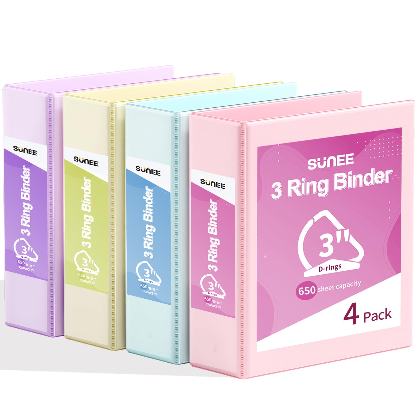SUNEE 3 Ring Binder 3 Inch D Ring, Clear View Binder Three Ring PVC-Free (Fit 8.5x11 Inches) for School or Office Supplies, Assorted Pastel, 4 Pack