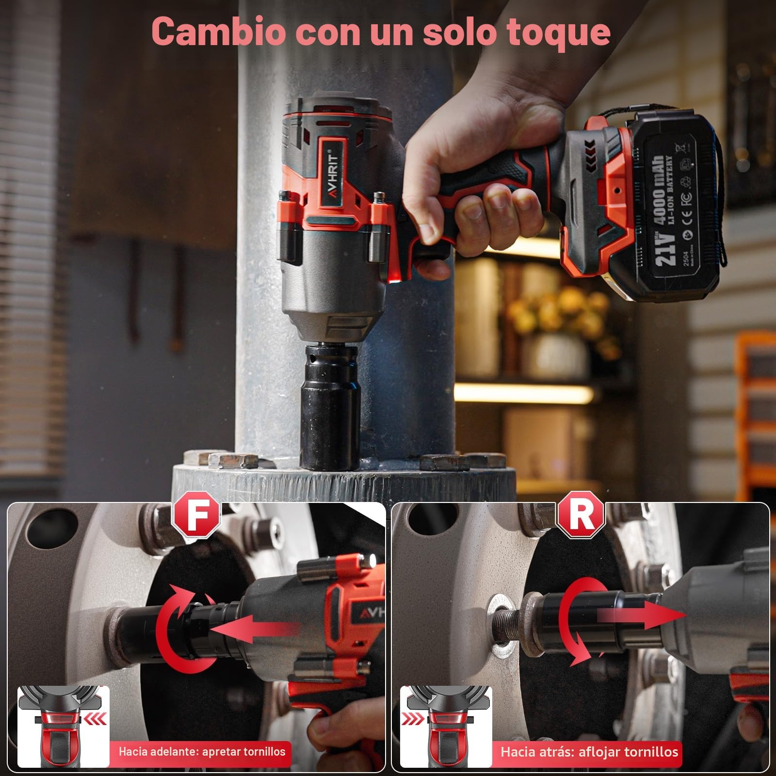 Llave de Impacto Inalámbrica 1600N.m con 2x 4000mAh Baterías, 1/2 Pistola de Impacto Batería, Eléctrica Llave de Impacto para Coches Camiones, con 5 Enchufes