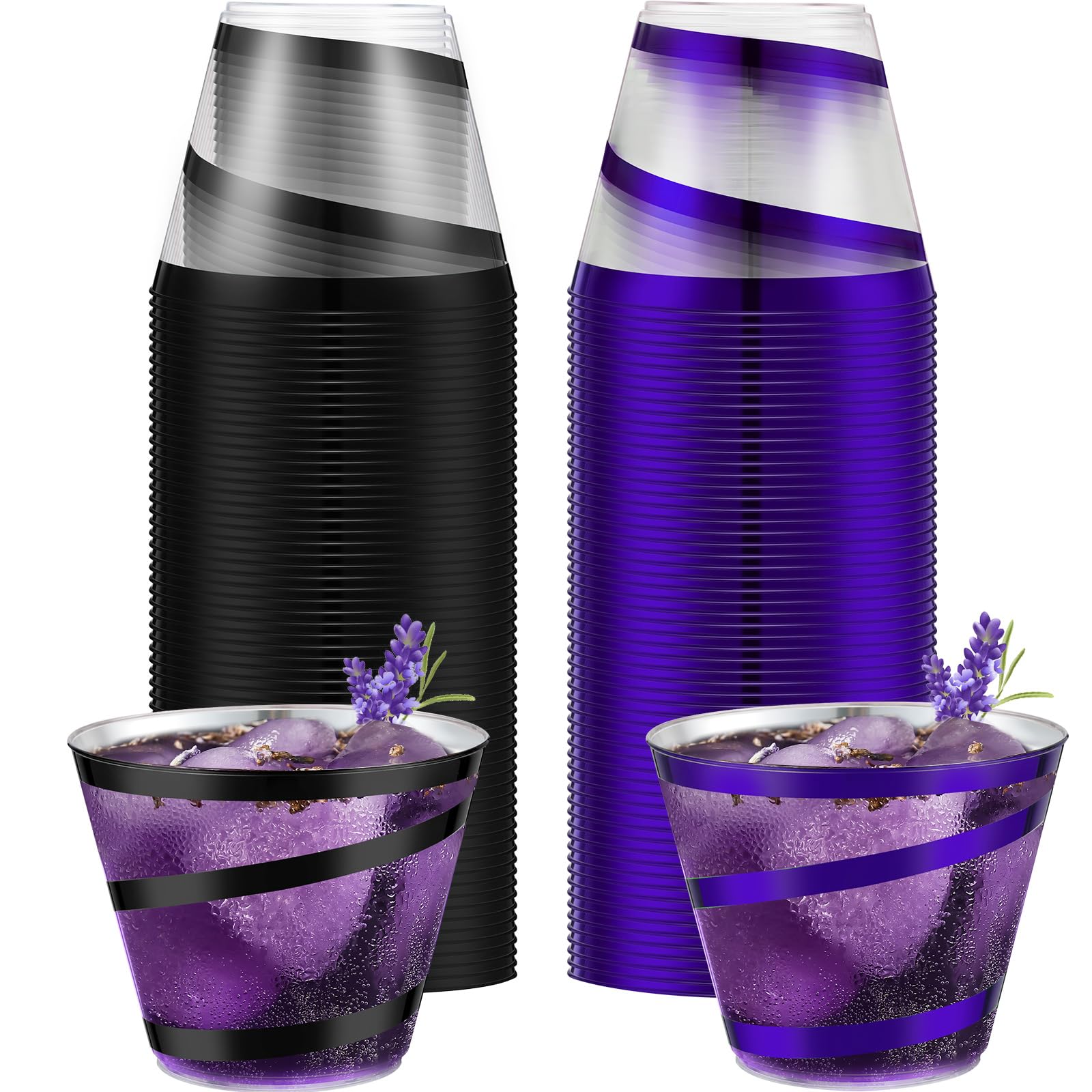 Gejoy 9 oz Rimmed Swirl Plastic Cups Disposable Wine Drinking Cups Clear Elegant Easter St Patrick Tumblers for Wedding Party Supplies(100 Pcs,Purple,