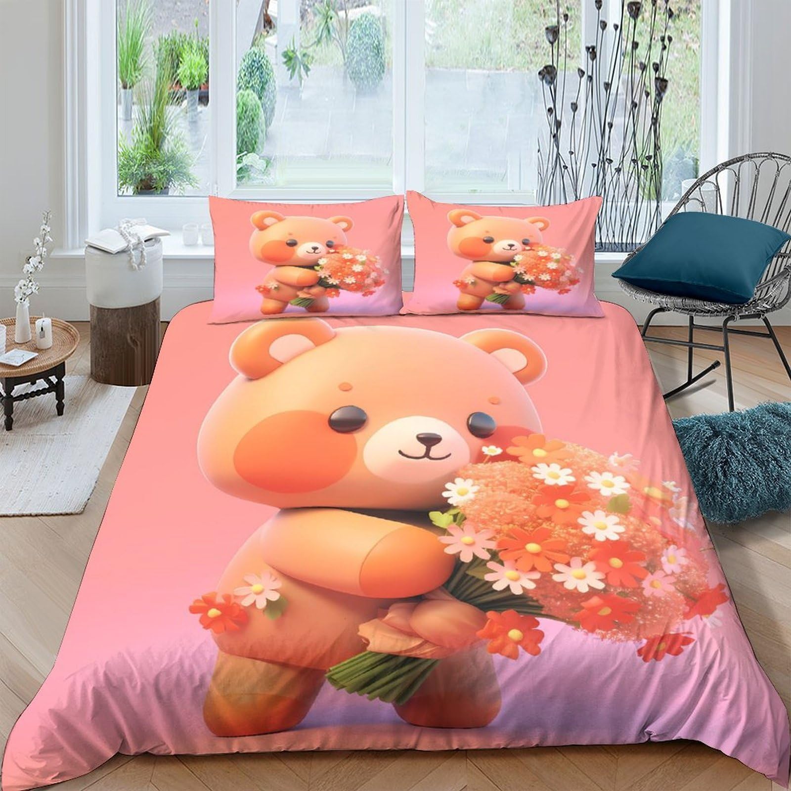 Ctjqhvkz Style-8 3D Printed Cute Teddy Bear Fitted Sheet Microfiber Pink Cartoon Floral Mattress Cover For Bedroom Guest Room Decor Single（135X200cm）
