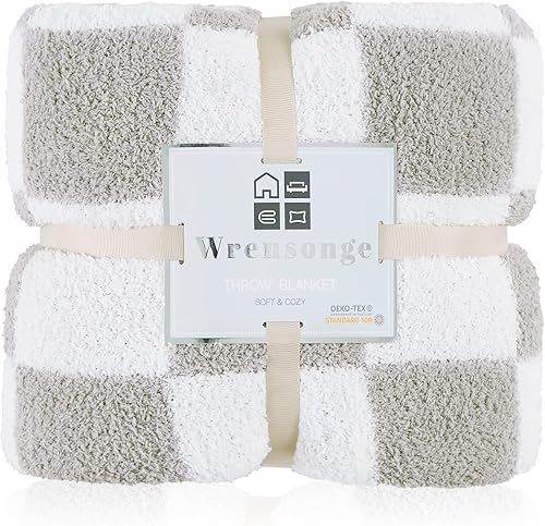 Miniatura 5 de WRENGONGE Manta a cuadros, color gris claro, suave, acogedora, mullida, cálida, hecha a mano, para diván, sofá, silla, cama, campamento, picnic,