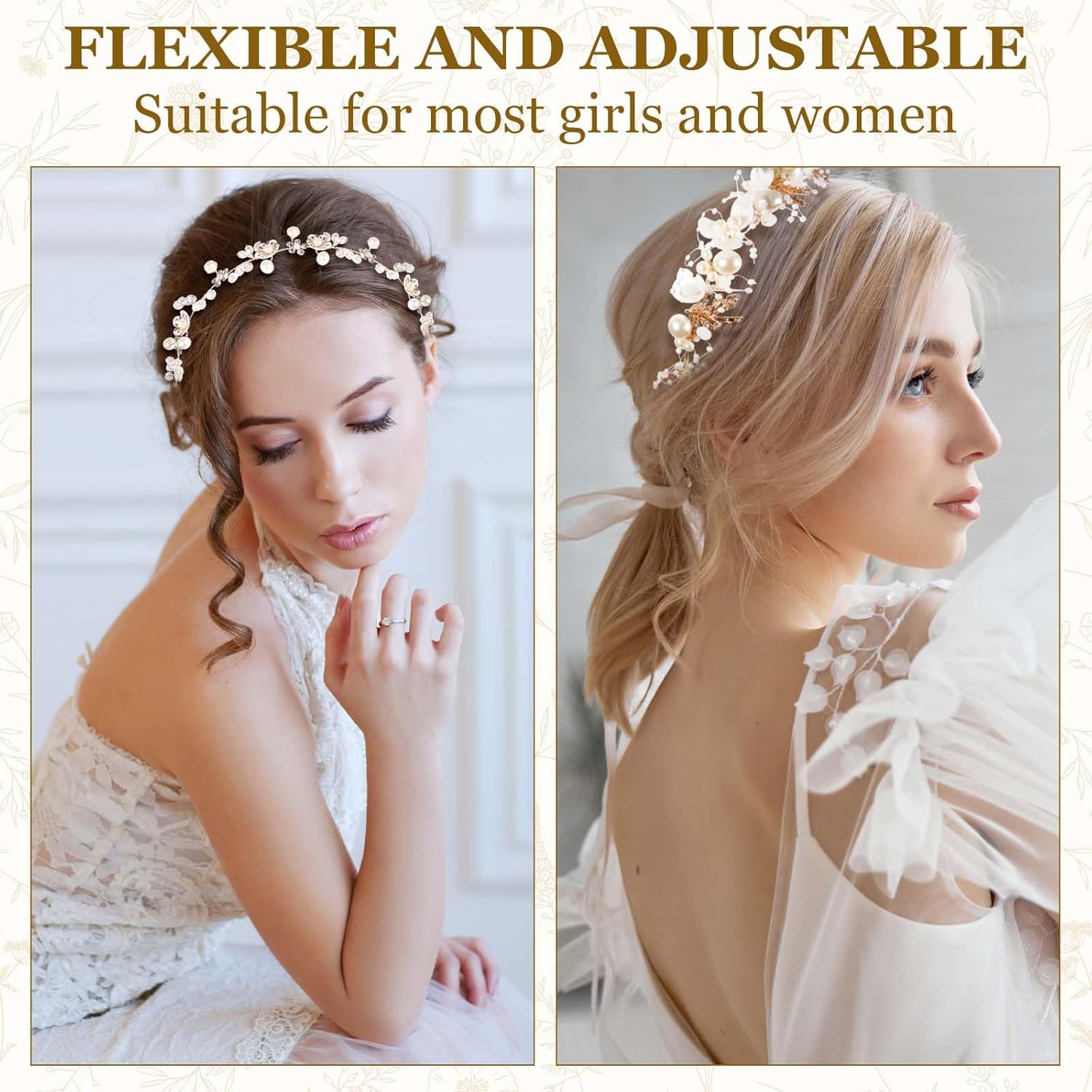 2 Pcs Gold Flower Girl Headpiece Rhinestone Crystal Wedding Headband Bridal Pearl Flower Headband for Women Hair Accessory - Image 4