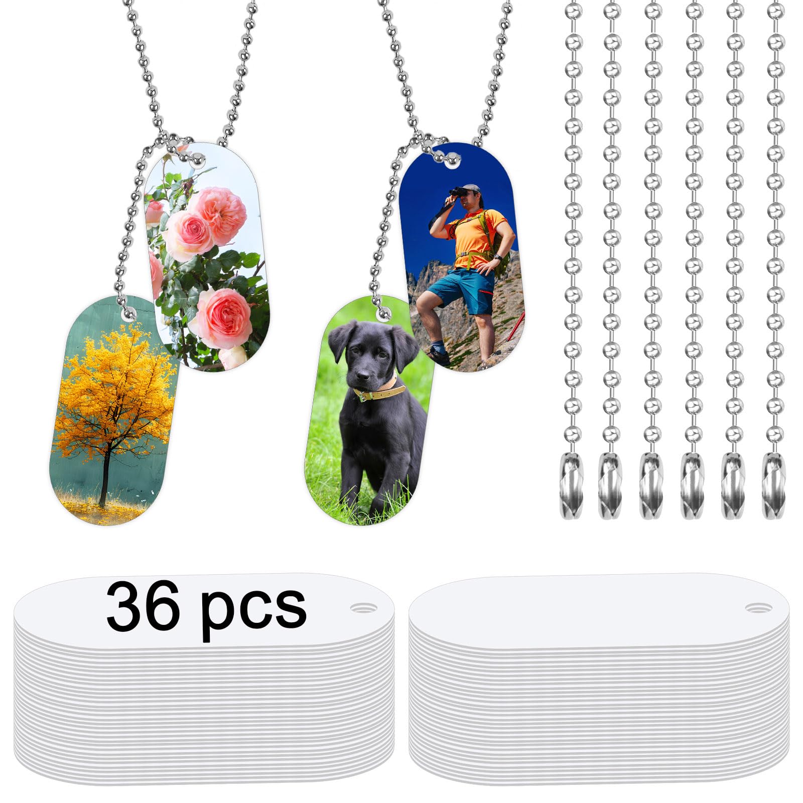 36 pcs Sublimation Dog Tags Blanks,Sublimation Necklace Blank Metal Sublimation Tag Pendants Double Sided Blank Sublimation Tags,Dog tag Chain Dog tag Sublimation Blank Metal
