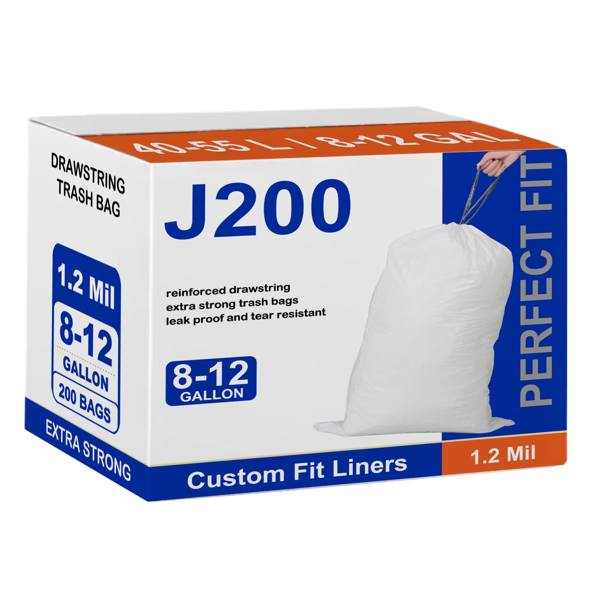Perfect Fits Code J 200 Count Compatible with simpIehuman Code J Heavy Duty Trash Bags 1.2 Mil THICK with Reinforced Drawstring 40-55 Liter White Garbage Liners Tear Resistant GRAND SAVE!