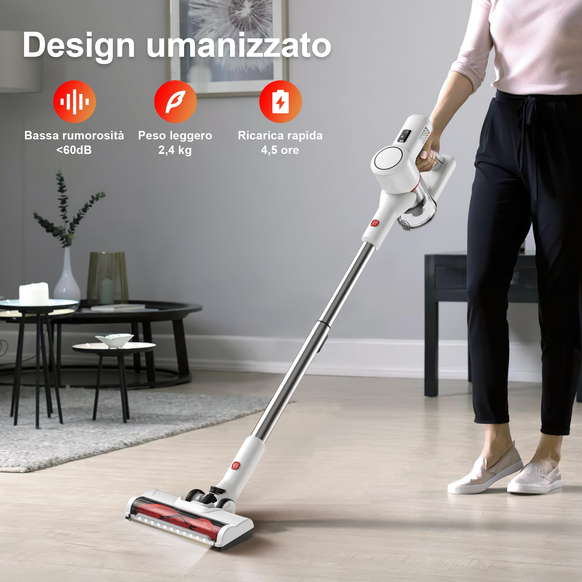 Aspirapolvere Senza Fili Scopa Elettrica - Potente Vacuum Cleaner Senza Filo Ricaricabile Batteria Silenzioso Leggera Scope Elettriche per Pavimenti Tappeti Peli Animali Domestici