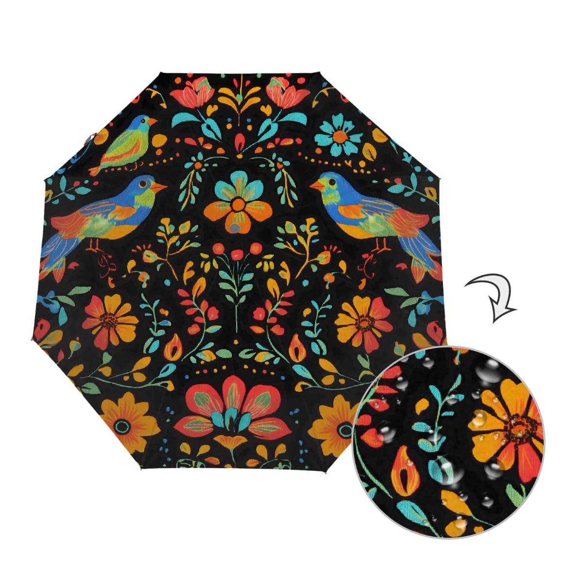 Ombrello pieghevole in stile messicano colorato uccello ombrello da viaggio compatto antivento impermeabile con protezione UV rivestimento nero leggero 8 coste portatile per pioggia sole