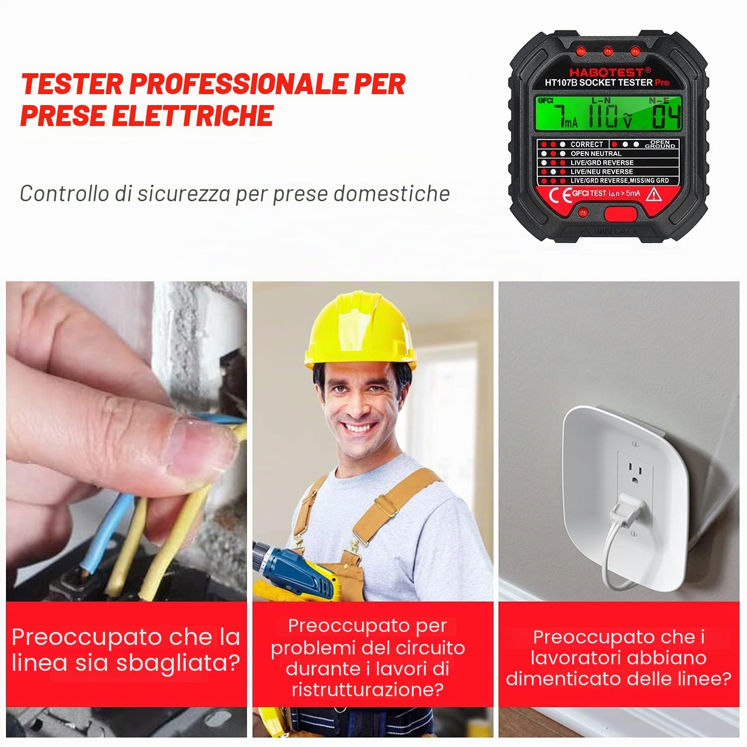 Tester per Circuiti Elettrici con Test RCD e Display LCD,6 Tipi di Diagnosi di Errore,Tester Prese Elettriche,Rilevatore di Tensione,Tester de Prese,Rilevatore Cavi Elettrici,CAT II 300V