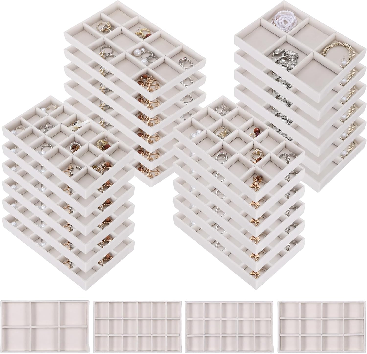 24 Pack Stackable Jewelry Organizer Trays, 4 Size Velvet Tray for Drawer