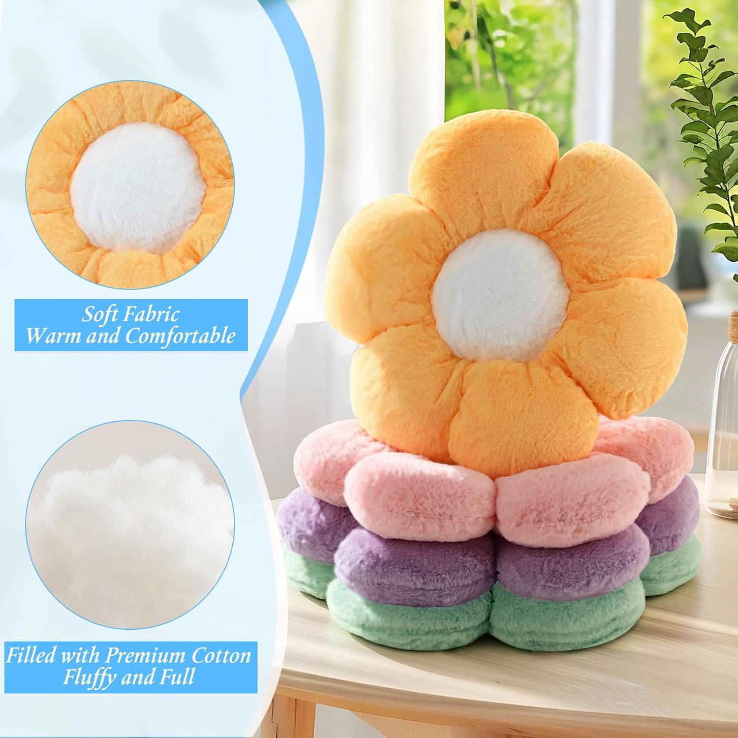 Coume 6 Pcs Flower Pillow Soft Daisy Plush Flower Shaped Floor Cushion 15.7 Inch Cute Seating Cushion Decorative Imitation Rabbit Fur Throw Pillow for Bed Couch Room Decoration (6 Petal,6 Colors)