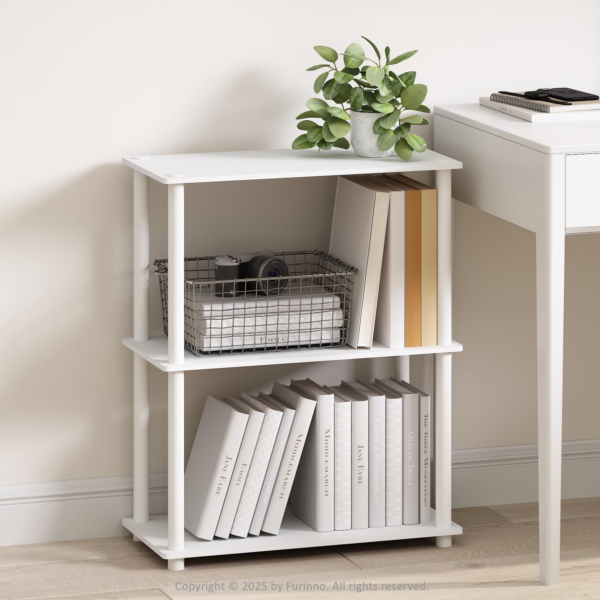 Furinno TURN-N-TUBE Book Shelf, 3-Tier Bookshelf, Bookcase with Multipurpose Compact Display Rack, 11.6 x 23.6 x 29.6, for Living Room, Bedroom, Home Office, White/White