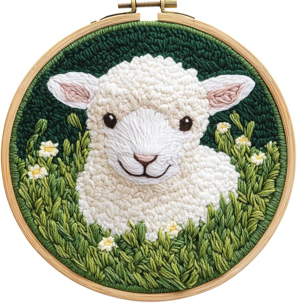 DIY Punch Needle Kits Little Sheep Green Grass Easy for Beginners Punch Needle Embroidery Set for Craft Lovers with Printed Pattern and Hoop for Home Decor 20x20cm-3