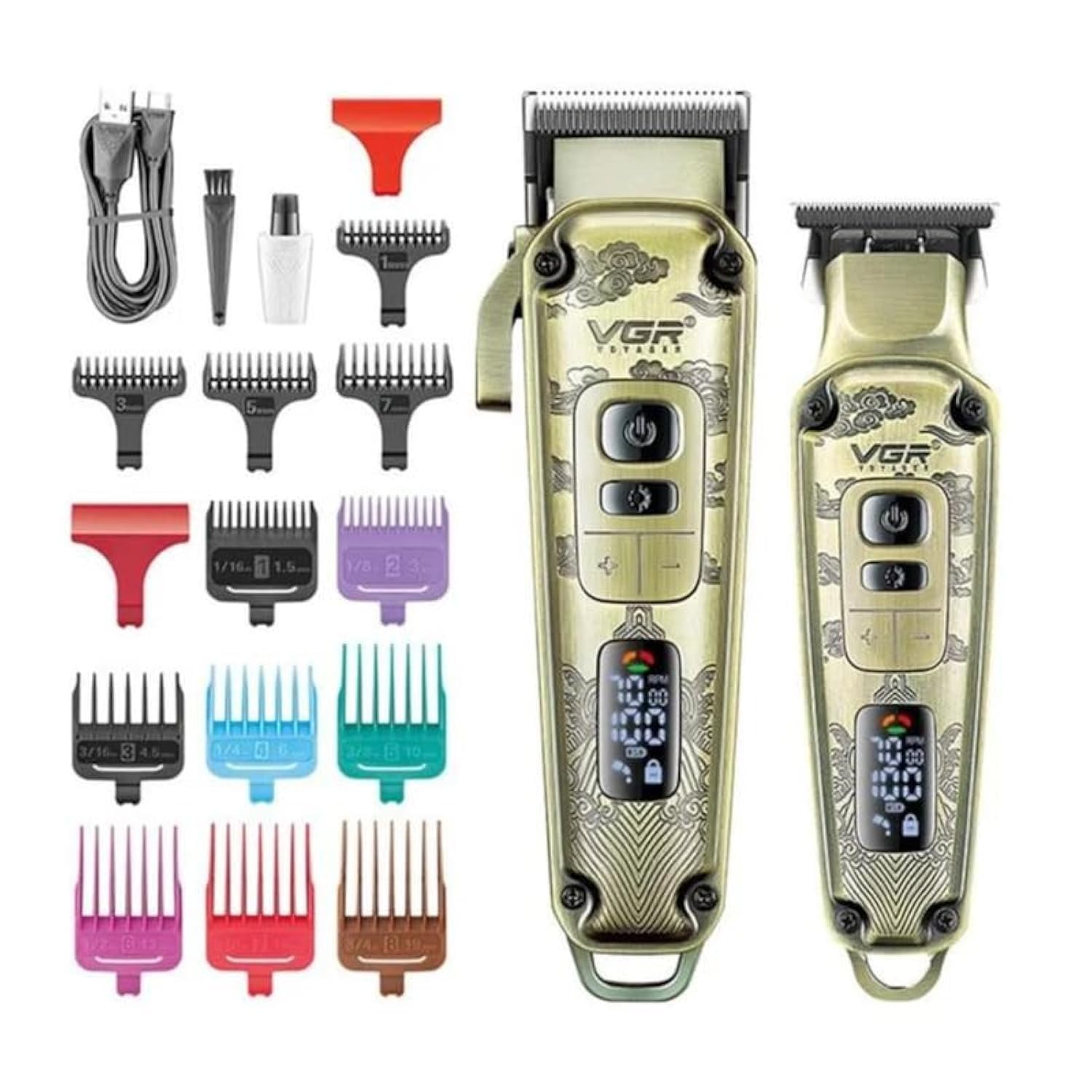 VGR V-643 Ultra Premium Metal Housing Hair Clipper Trimmer Set Powder Metallurgic Blade Digital Display 5500-7000 RPM 4 Speed motor auto testing button 12 Guide Comb Clipper T-cutter 0 Gapped Trimmer-image-6