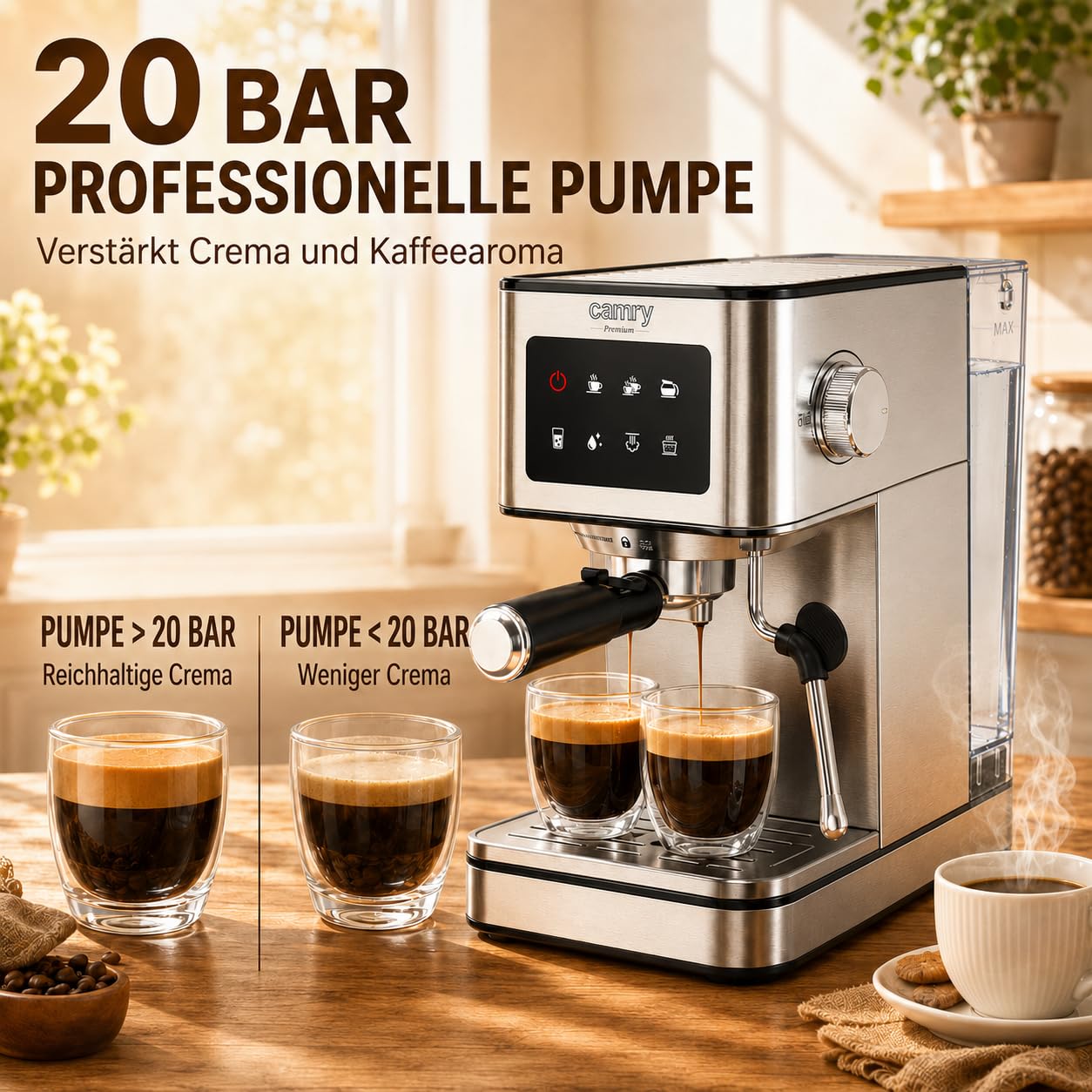 CAMRY CR 4389 Espressomaschine 7-in-1 – Milchaufschäumer, 1,7-l-Wassertank
