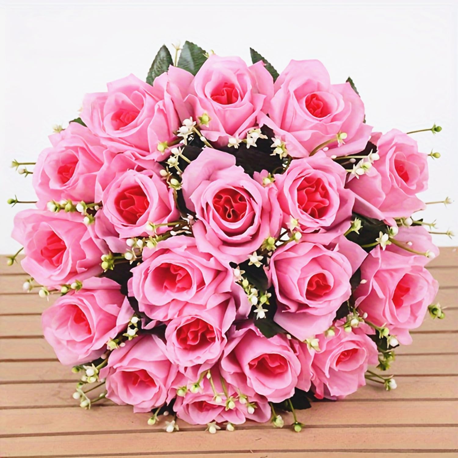 Kymo 1-Bouquet 18-Heads Artificial Roses - Realistic Fake Silk Flowers with Long Stem, for Wedding Bridal Bouquet, Home Vase Decor & Valentine's Gifts (Pink)