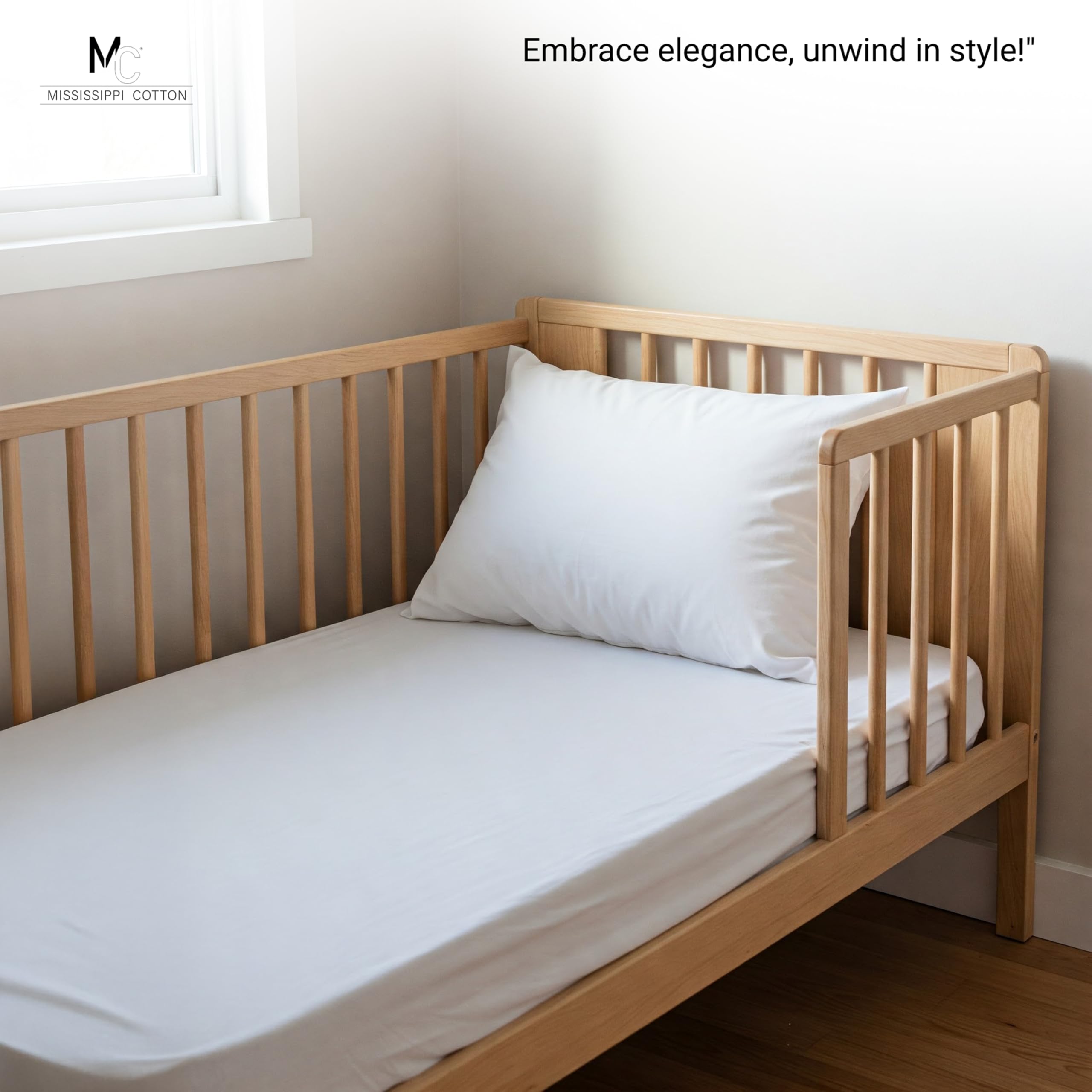 Mississippi Cotton 100% Cotton Toddler Sheet Set – 3-Piece Soft & Breathable Bedding – Fitted Sheet, Elasticized Flat Sheet & Envelope Pillowcase – Mini Crib & Toddler Bed Sheets (White)