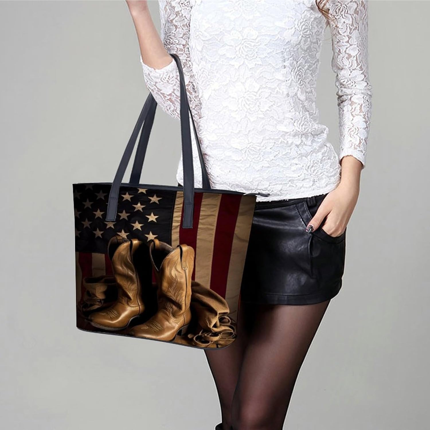 American Flag with Cowboy Boots Tote Bag Large Soft Leather Purse with Zipper Lightweight Ladies Shoulder Handbag