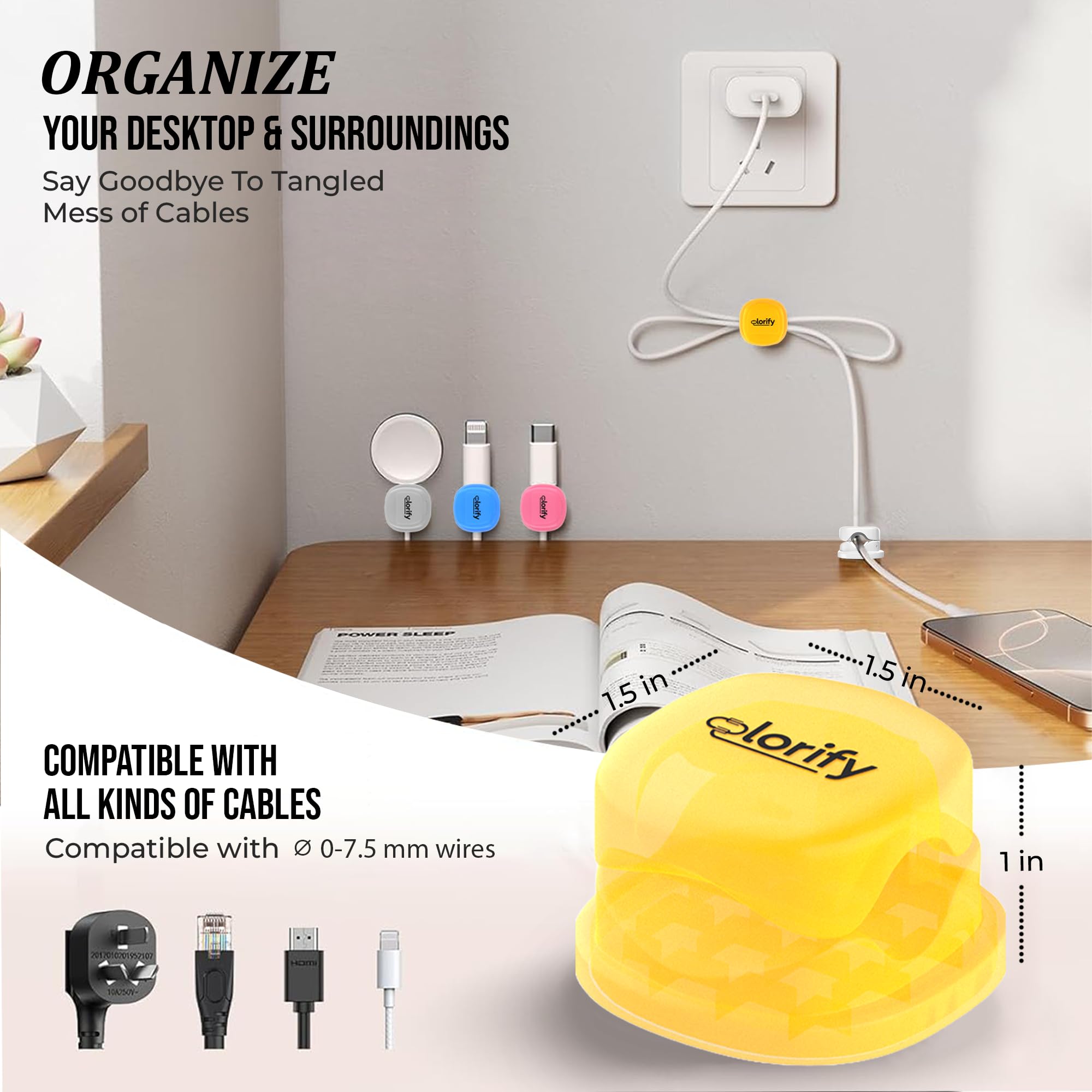 Paquete de 8 clips adhesivos para cables de escritorio, mesita de noche, laptop, clips de carga de teléfono y organizador de cables de coche para el hogar, oficina y gestión de cables de carga