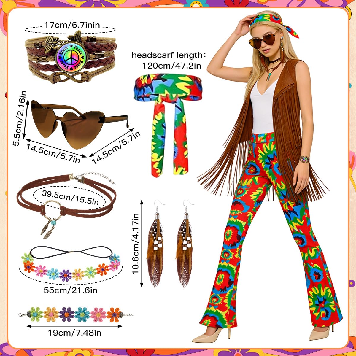 Generico BITOYO Costume Carnevale Donna Hippie Anni 70, Gilet con Frange, Pantalone a Zampa, Occhiali da Sole, Collana, Bracciali e Fascia per Feste a Tema Carnevale