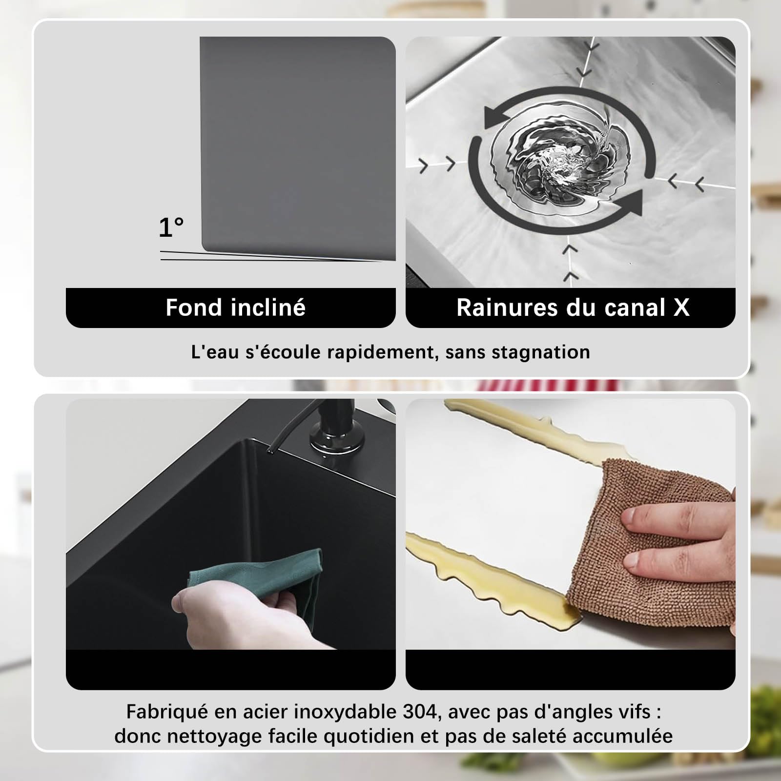 Evier Inox avec Egouttoir et évier mobile,lavabo cuisine avecavec Trous pour Robinets et Distributeur de Savon Panier à vaisselle 1 pc55*45 * 20cm Noir