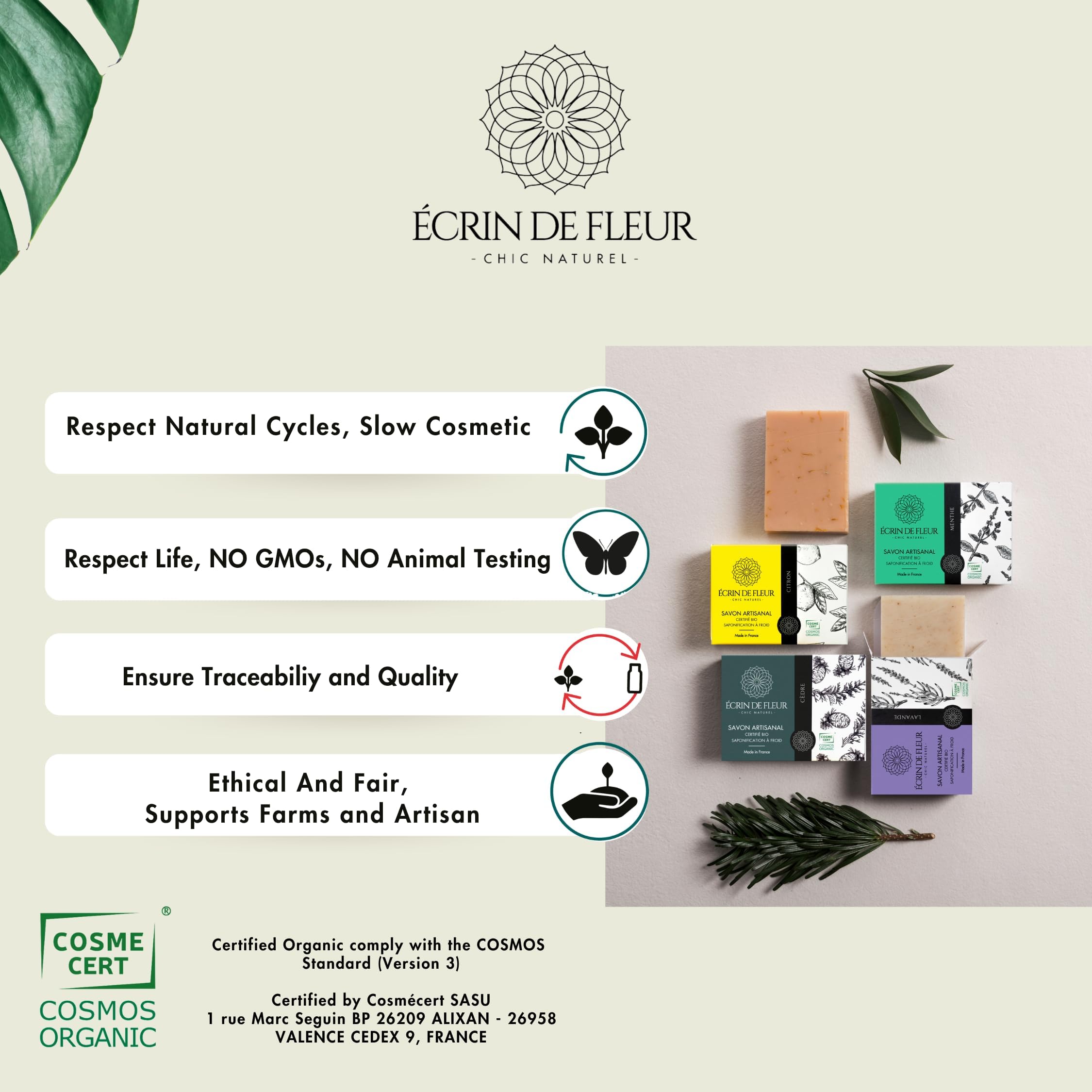 Écrin de Fleur – Jabón Sólido Ecológico de Aloe Vera y Ortiga, Artesanal en Francia, Certificado COSMOS Organic y Nature et Progrès, Pachulí y Menta, 90g — view 7