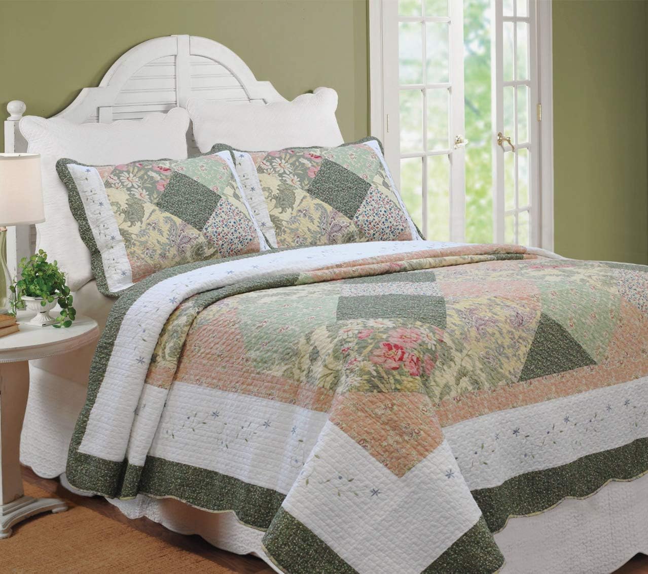Cozy Line Home Fashions Floral Real Patchwork Olive Green Pink Scalloped Edge Country 100% Cotton Quilt Bedding Set, Reversible Coverlet Bedspread (Williamsburg, King - 3 Piece)