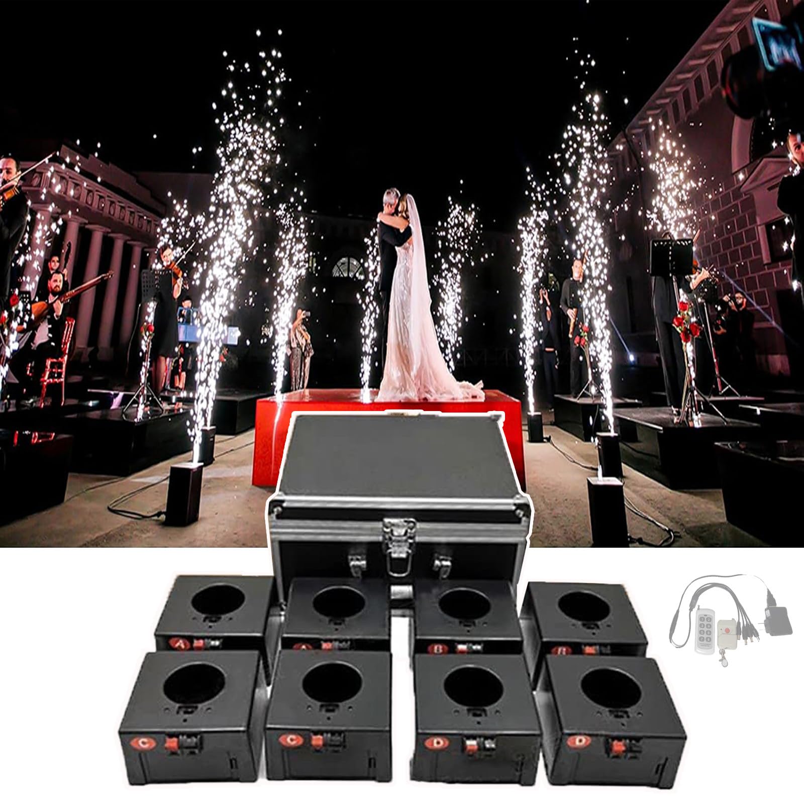 Macchina per Fontana A Scintilla Fredda, Meccanismo di Sparo per Fuochi D'artificio, 1 Controllo, 8 Basi, 30-50M, con Scatola di Protezione, Telecomando, 8 Pezzi, per Matrimoni, Palcoscenici
