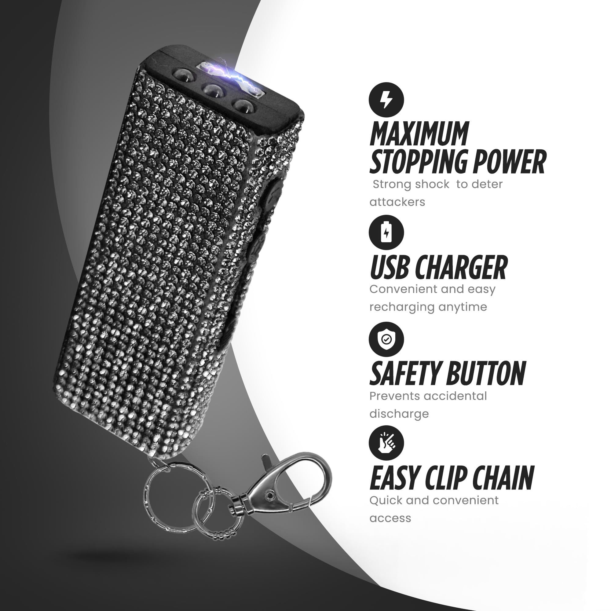 Guard Dog Security Bling It On Stun Gun and Pepper Spray for Self Defense, Fashionable Self-Defense Keychain Set for Women, Glow-in-The-Dark Actuator, 16-Ft Range, USB Rechargeable (Black)