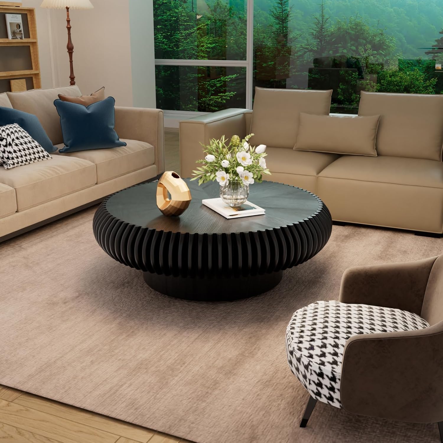 Round Coffee Table for Living Room Modern Black Fluted Coffee Table 39.3 inch Low Round Drum Coffee Tables for Living Room (Black, 39.3")