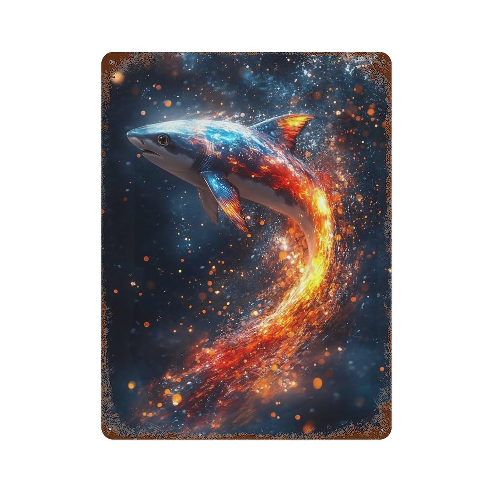 Fiery Shark in Dark Space Retro Metal Sign 15.7"x11.8", Classic Wall Plaque for Basement, Hobby Room And Garage Decor