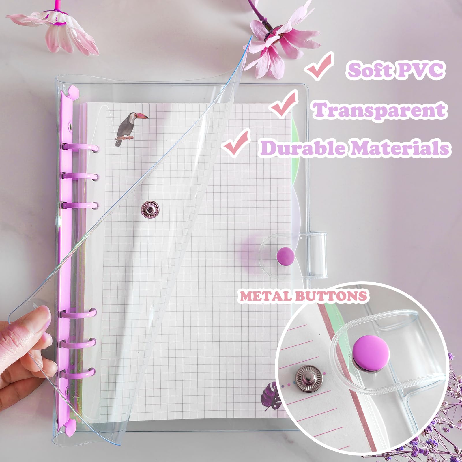 DY.2ten 2 Pack A5 Transparent Soft PVC 6 Holes Binder Notebook Covers, Snap Button Closure Refillable Notebook Round Ring Binder Cover Protector(A5, Clear Cover + Light Purple/White Binder) - Image 4