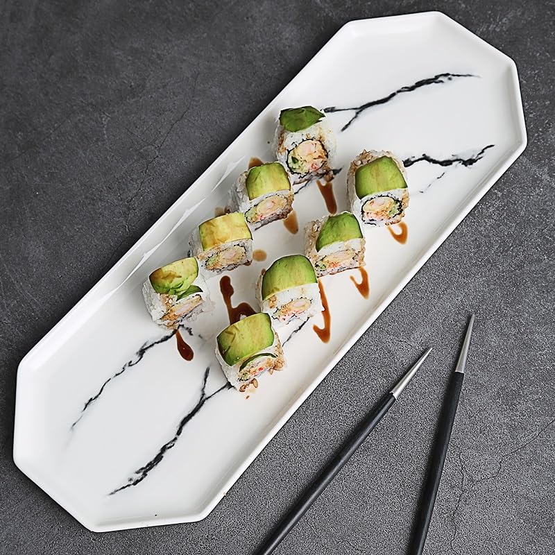 Piatti Cena Piatto da sushi rettangolare con motivo in marmo irregolare, piatto piano in ceramica, piatto for cibo occidentale, stoviglie for hotel e ristoranti Forniture Per Feste