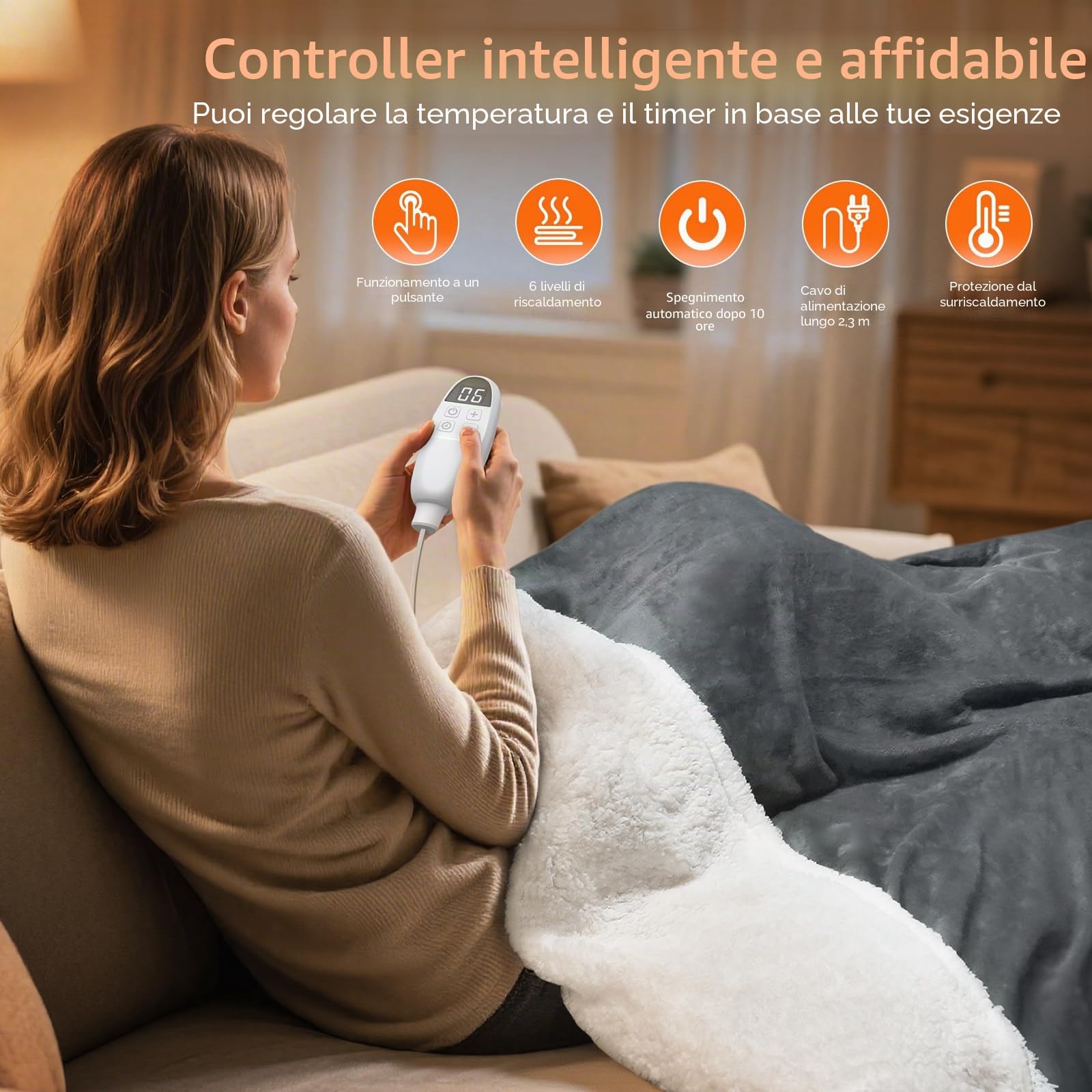 PRANITE Coperta elettrica 200 x 180 cm, coperta termica elettrica in sherpa e flanella, 6 livelli di riscaldamento, timer 10 ore, spegnimento automatico, protezione da surriscaldamento, lavabile