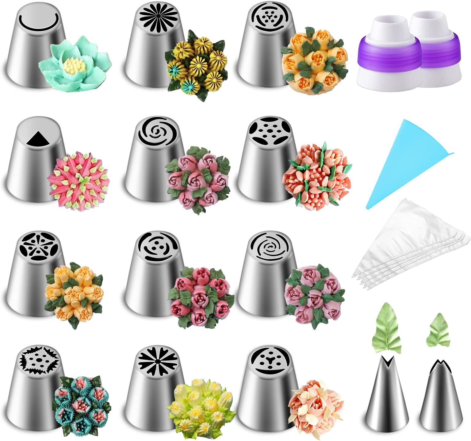 Suuker 27 Pieces Russian Piping Tips Set, Cake Decorating Tips Baking Supplies for Cupcake Cookies Birthday Party (12 Icing Tips 10 Pastry Baking Bags 2 Leaf Piping Tips 2 Couplers 1 Silicone Bag)