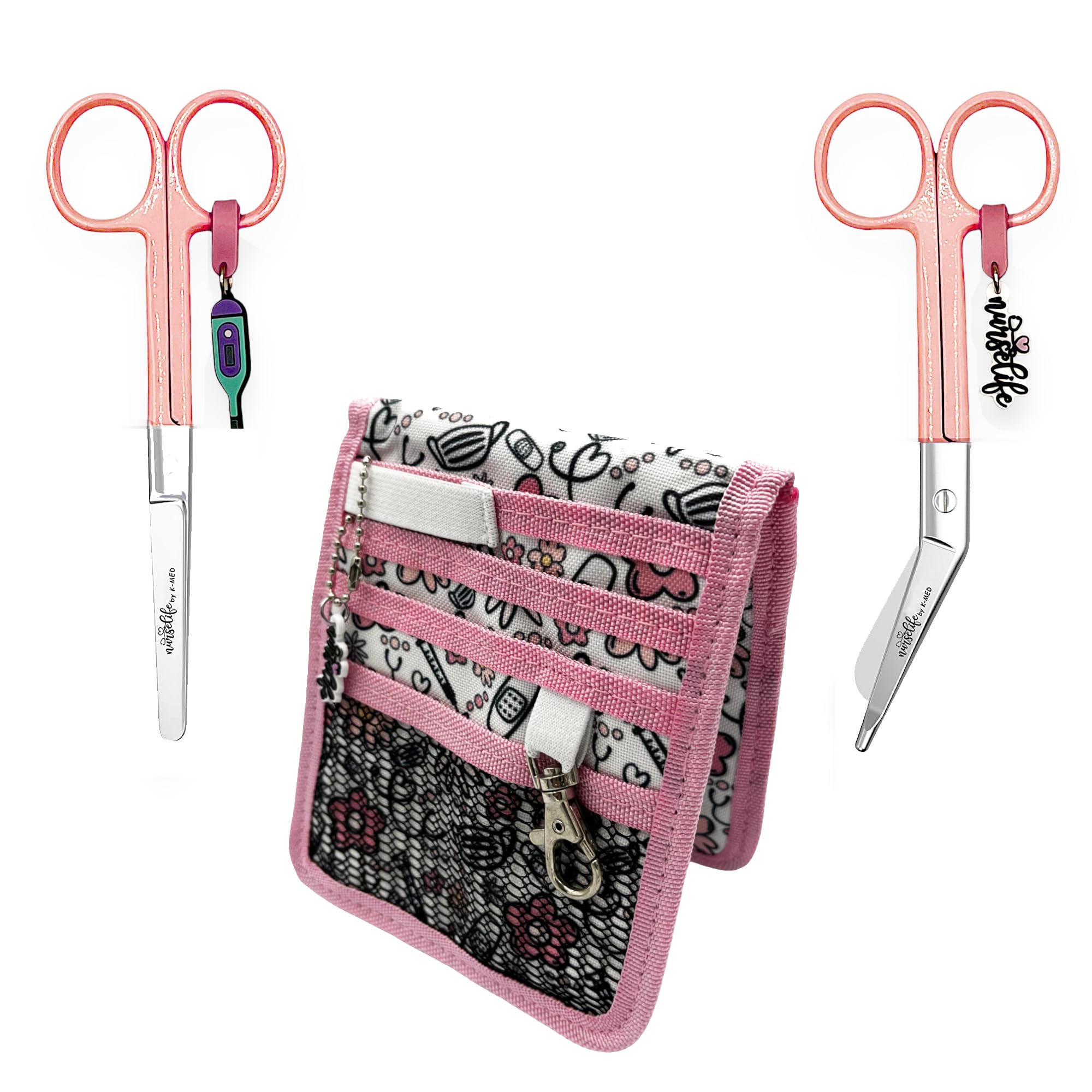 Nurse Life Pack MAXI Organizador más Tijeras Mayo y Pico Pato - Punta Roma | - I love it -, Punta Redonda Profesional, Primeros Auxilios, Vendaje. Acero pulido. Rosa Pastel.