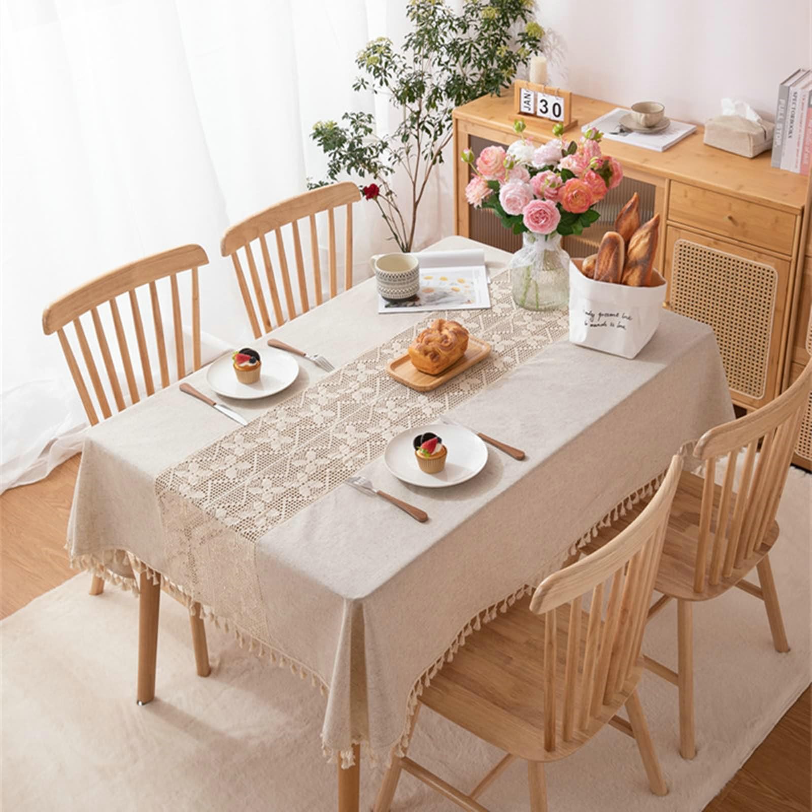 Gualiy Manteles Mesa Comedor Rectangular, Poliéster Manteles Mesa Cocina 140x260CM Manteles de Mesa Antimanchas Mariposa Hueca con Borlas Manteles para Mesa de Cocina, Beige