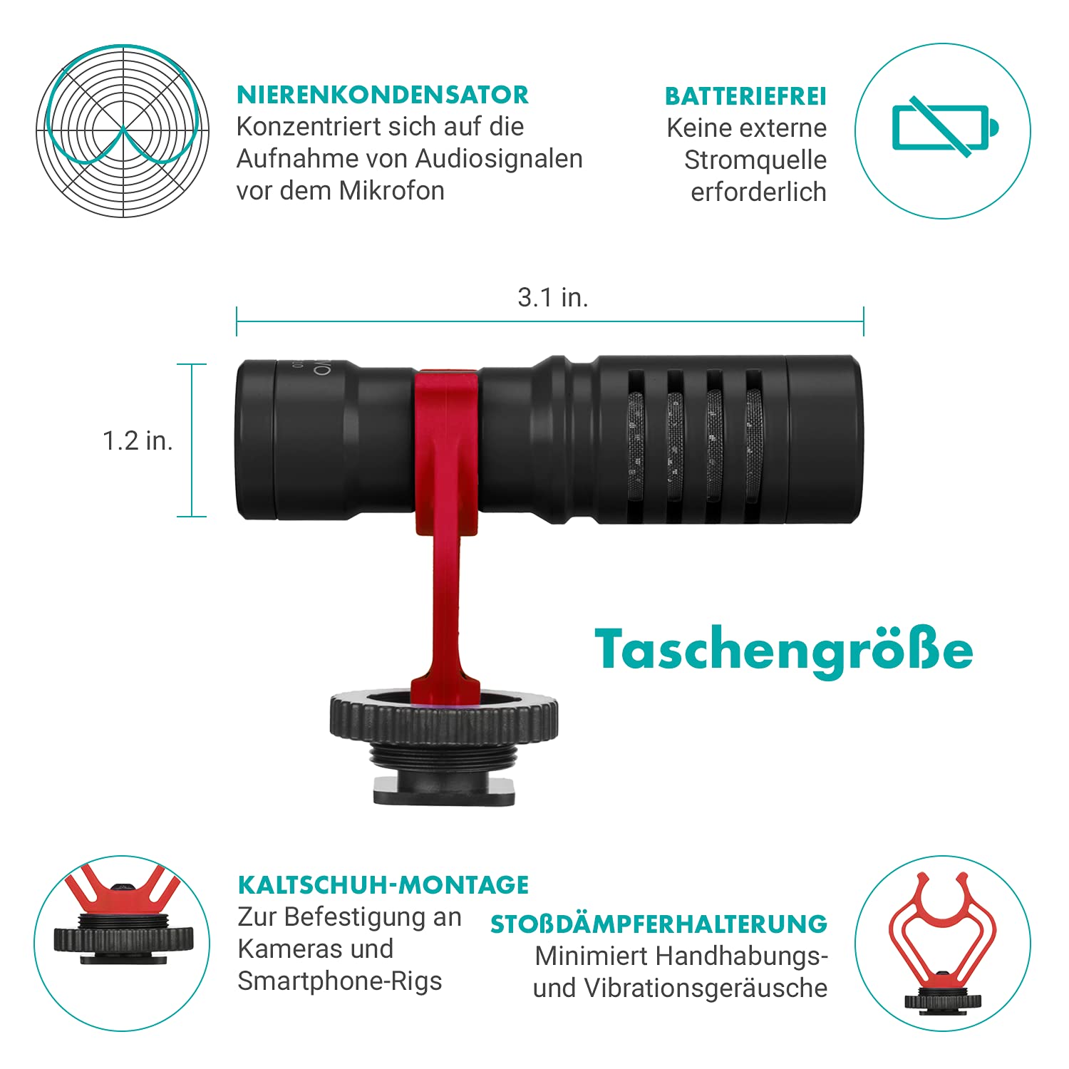 Movo VXR10 Universal Videomikrofon mit Vibrationsdämpfer Stoßdämpfer Schockhalterung, Tragetasche, für iPhone, Android Smartphones, Canon EOS, Nikon DSLR- perfektes Kameramikrofon, Richtrohrmikrofon
