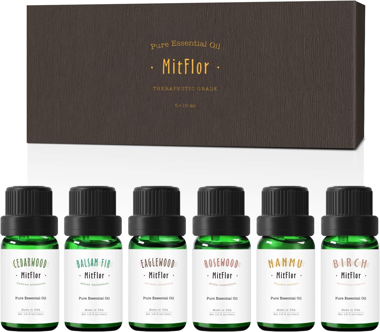 Woody Essential Oils, MitFlor 100% Pure Essential Oils for Diffuser, Aromatherapy Oils Gift Set, Cedarwood, Birch, Balsam fir, Rosewood, Eaglewood, Nanmu Essential Oils, 6x10ml