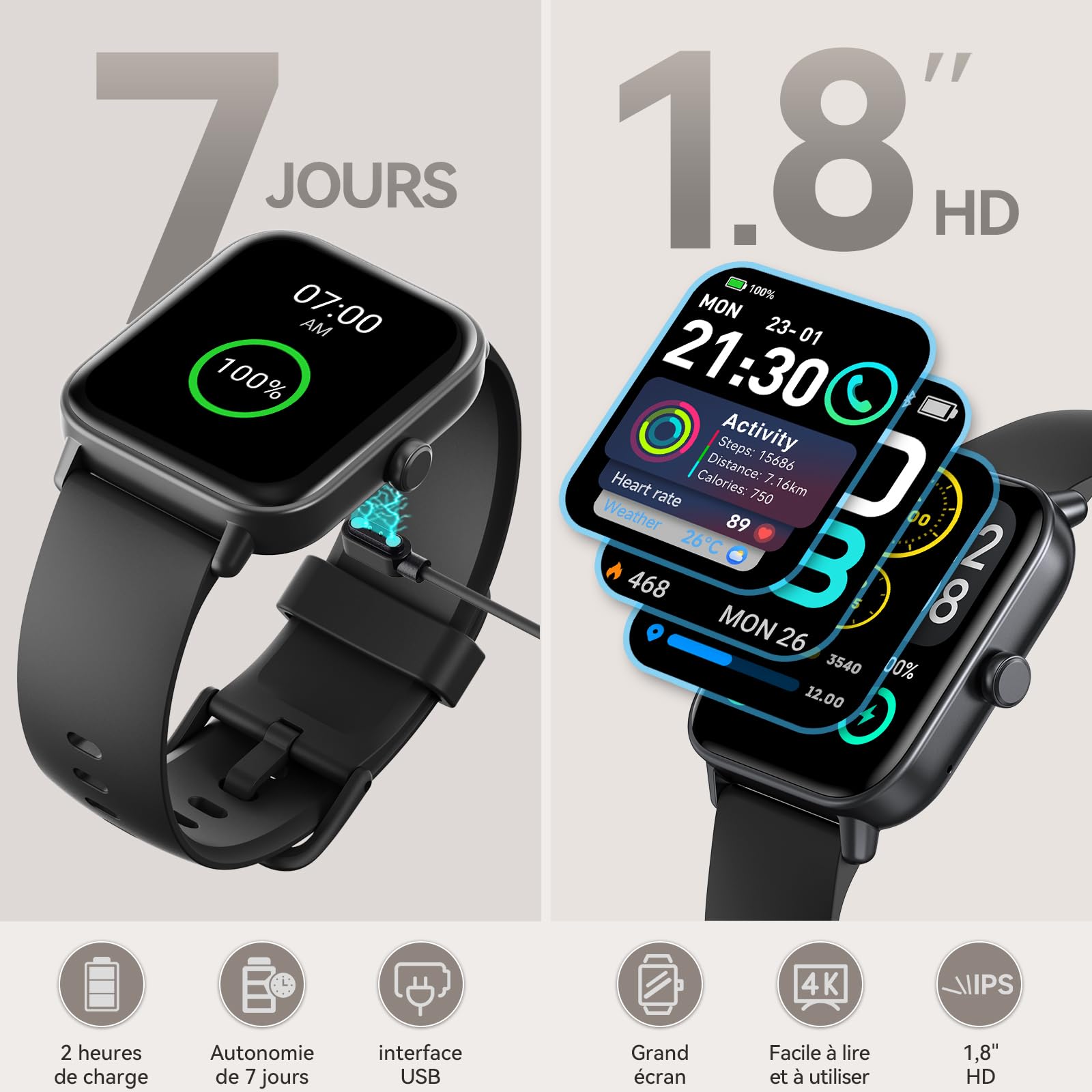 aeac Montre Connectée Homme Appel Bluetooth, Alexa intégrée 1.8" Smartwatch Moniteur de SpO2 Cardiofrequencemetre Sommeil, 100 Modes Sportifs Podometre Calories Etanche IP68 pour Android iOS, Noir